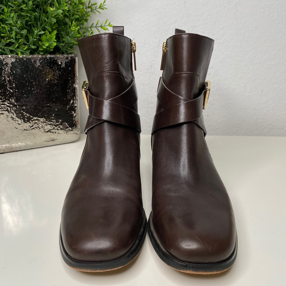 Michael Kors‎ Bryce Chocolate Brown Leather Ankle Boots Side Zip Block Heel SZ 8 - Picture 5 of 15